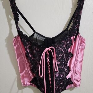 Fredrick's of Hollywood Pink & Black Lace Bustier w/Tie Up Front